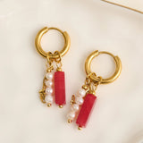 Narelle Waterproof Genuine Red Agate and Pearl Charm Hoop Earrings