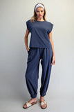 Navy Ribbed Trim Cap Sleeve Top