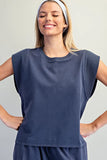 Navy Ribbed Trim Cap Sleeve Top