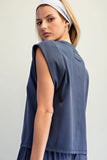 Navy Ribbed Trim Cap Sleeve Top
