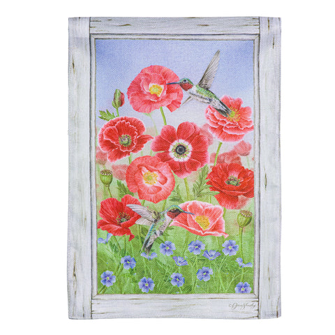 Poppy & Hummingbird burlap garden flag