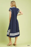 Navy Linen Cotton Contrast Neckline Midi Dress