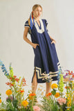 Navy Linen Cotton Contrast Neckline Midi Dress