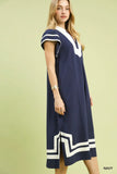 Navy Linen Cotton Contrast Neckline Midi Dress
