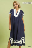 Navy Linen Cotton Contrast Neckline Midi Dress