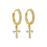 Pave Huggies w/delicate dangle cross earrings