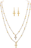 Pearl Cross Charm Layer Necklace with earrings