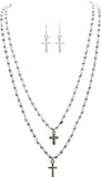 Pearl Cross Charm Layer Necklace with earrings