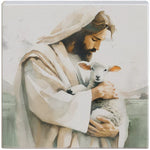 Jesus holding lamb sign
