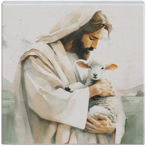 Jesus holding lamb sign