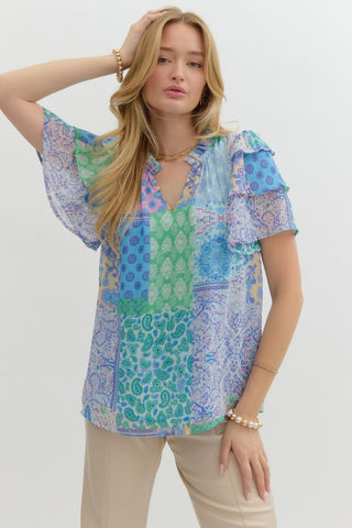 Blue S/S Ruffle sleeve top