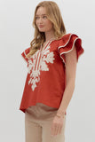 Cinnamon V-Neck flutter sleeve top