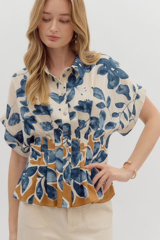 Slate Blue Botanical Print Top