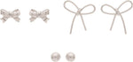 Silver Bow Bow Ball Three Post Earring Set