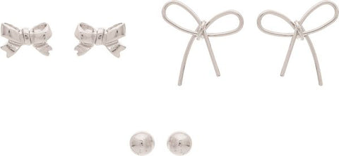 Silver Bow Bow Ball Three Post Earring Set