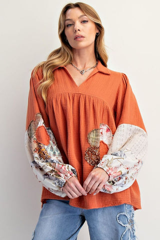 Long Sleeve Flower Patch Print top - Pumpkin Color