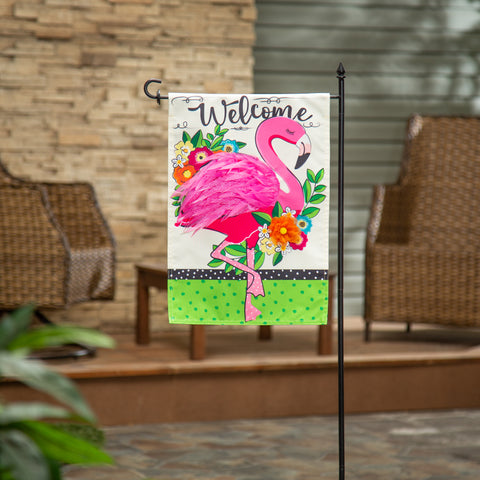 Floral flamingo welcome garden flag