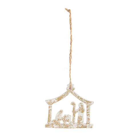 Nativity Scene Gold White Wood Ornament