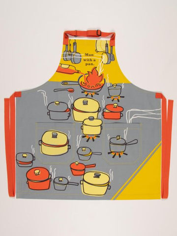 man with a pan apron